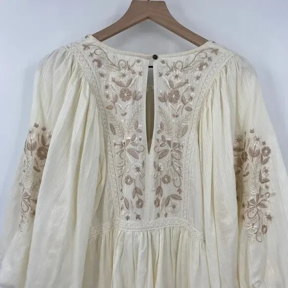 Anthropologie Viveka Embroidered Floral Mini Dress Balloon Long Sleeve Ivory S - Picture 6 of 10